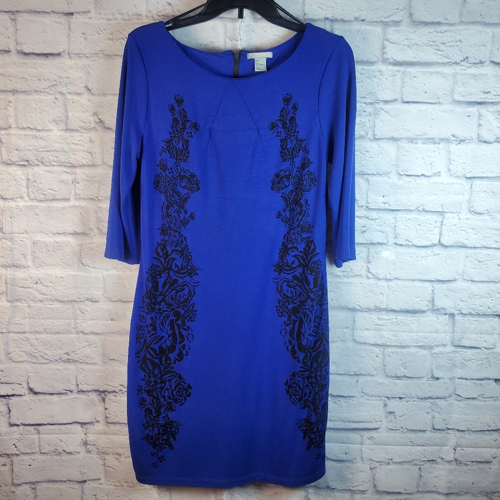 H&M Pullover Knee Length Floral Design Pencil Dress, L, Blue & Black